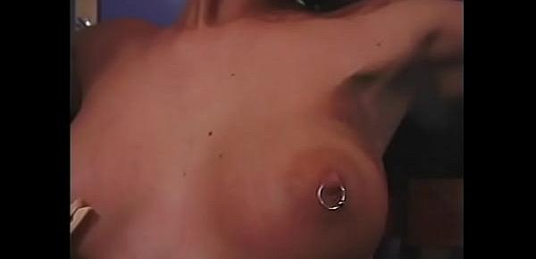  Hot brunette with pierced nipples offended by three dominas with clamps and pins